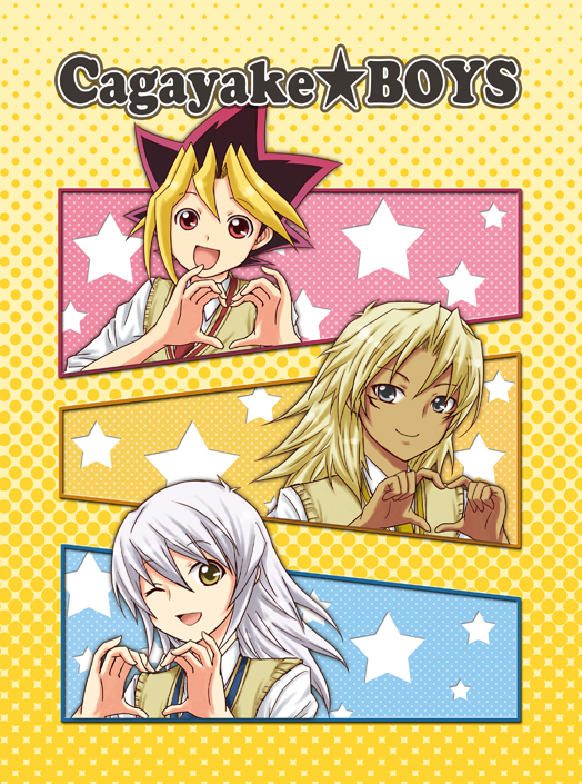 bakura_ryou, fresh_precure!, heart, heart_hands, k-on!, malik_ishtar, mameko_(pianissimo), marik_ishtar, mutou_yuugi, parody, precure, ryou_bakura, school_uniform, trap, wink, yu-gi-oh!, yuu-gi-ou, yuu-gi-ou_duel_monsters