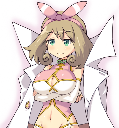 1girl, bow, breast_hold, breasts, brown_hair, cleavage, cleavage_cutout, coat, cosplay, green_eyes, hair_bow, hair_ribbon, haruka_(pokemon), haruka_(senran_kagura), haruka_(senran_kagura)_(cosplay), huge_breasts, labcoat, large_breasts, lowres, mound_of_venus, namesake, navel, pokemoa, pokemon, ribbon, senran_kagura_(series), short_hair, smile, solo