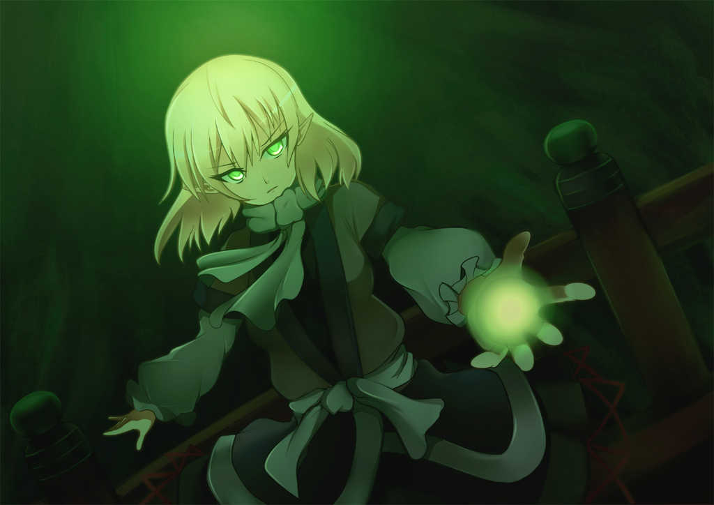 1girl, blonde_hair, greave_(asterism), green_eyes, mizuhashi_parsee, pointy_ears, short_hair, solo