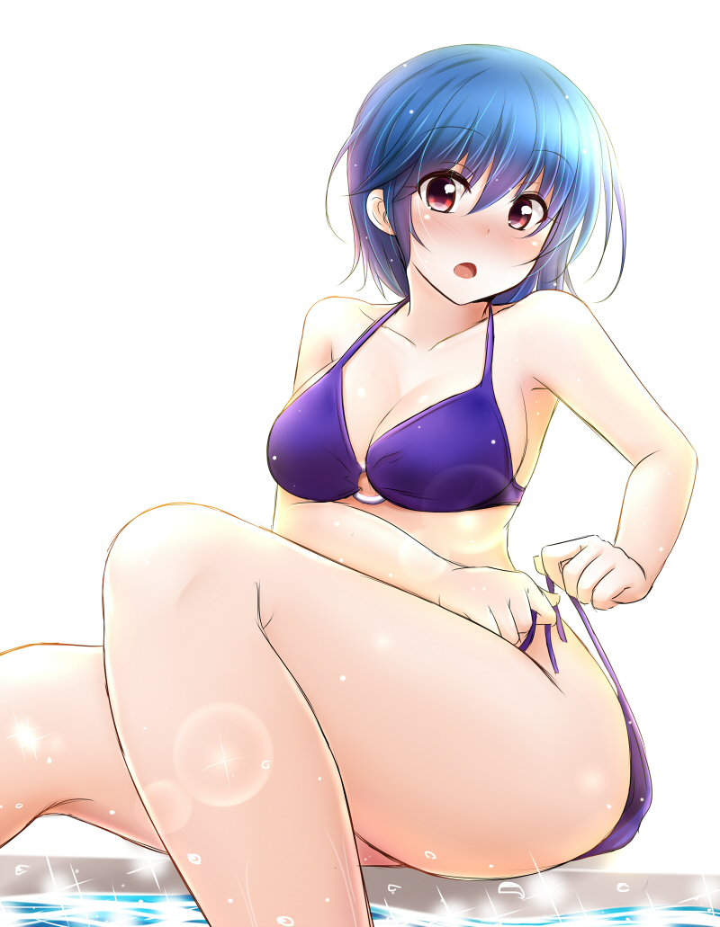 1girl, anakin_sky_(utcc), bikini, blue_hair, original, red_eyes, short_hair, sitting