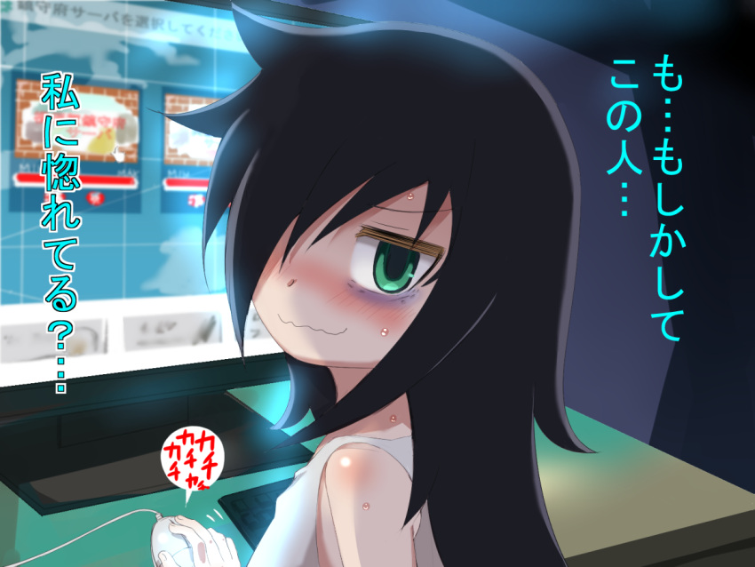 1girl, bags_under_eyes, bare_shoulders, black_hair, blush, computer_keyboard, computer_mouse, computer_screen