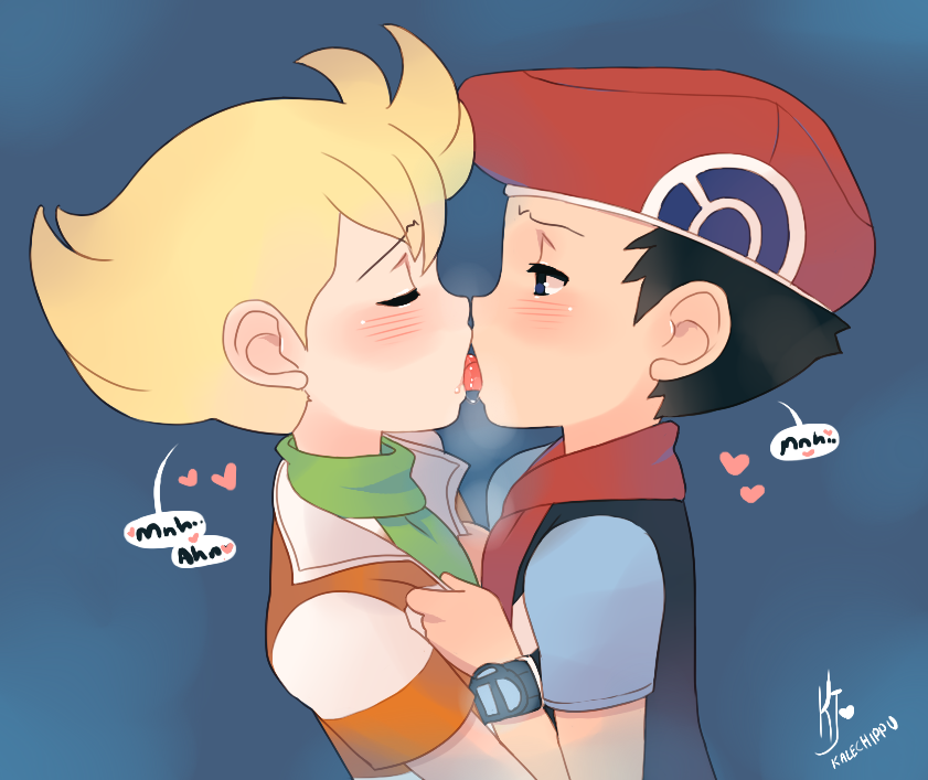 2boys, black_hair, blonde_hair, blush, closed_eyes, french_kiss, hat, jun_(pokemon), kalechip, kiss, kouki_(pokemon), male, multiple_boys, pokemon, pokemon_(game), pokemon_dppt, scarf, short_hair, yaoi