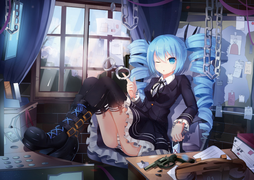 1girl, aqua_eyes, blue_hair, boots, chain, cross-laced_footwear, cuffs, dress
