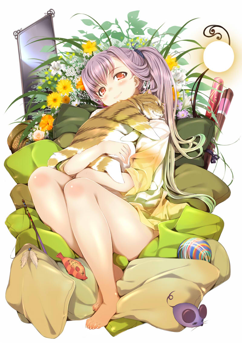 1girl, ball, barefoot, blonde_hair, blush, cat, cushion, flower, full_body, gradient_hair, green_hair, mikazuki_akira!, mirror, multicolored_hair, original, ponytail, purple_hair, red_eyes, sitting, smile, solo, stuffed_animal, stuffed_fish, stuffed_mouse, stuffed_toy
