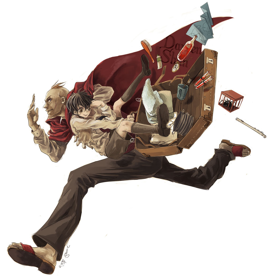 2boys, black_hair, blood, bottle, brown_eyes, cape, carrying, clock, copyright_name, darren_shan, flute, formal, hys122211, instrument, larten_crepsley, madam_octa, map, multiple_boys, necktie, redhead, running, sandals, scar, short_hair, smile, spider, suitcase, the_saga_of_darren_shan, toothbrush, vampire