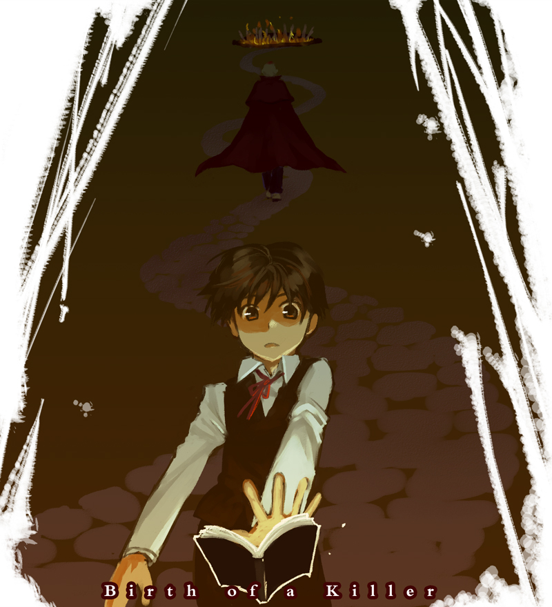 2boys, black_hair, book, bow, brown_eyes, cape, darren_shan, larten_crepsley, multiple_boys, necktie, open_book, open_mouth, outstretched_arm, redhead, road, sayoshi, shaded_face, short_hair, the_saga_of_darren_shan, vampire, vest