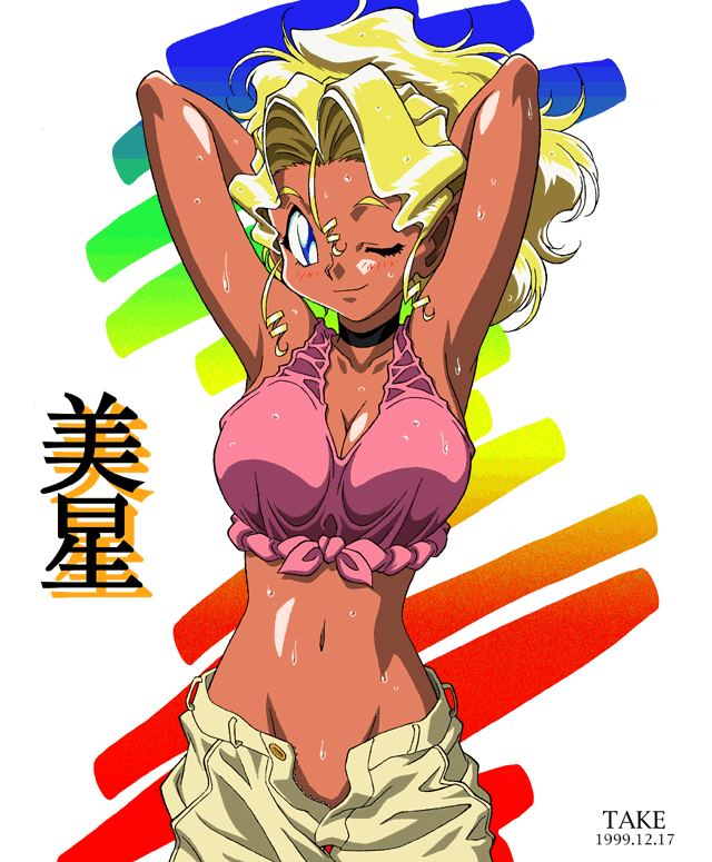 blonde_hair, blue_eyes, blush, choker, cleavage, dark_skin, kuramitsu_mihoshi, midriff