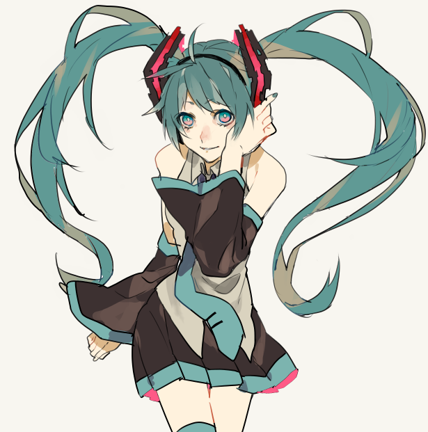 1girl, aqua_eyes, aqua_hair, bare_shoulders, detached_sleeves, hand_on_headphones, hatsune_miku, headphones