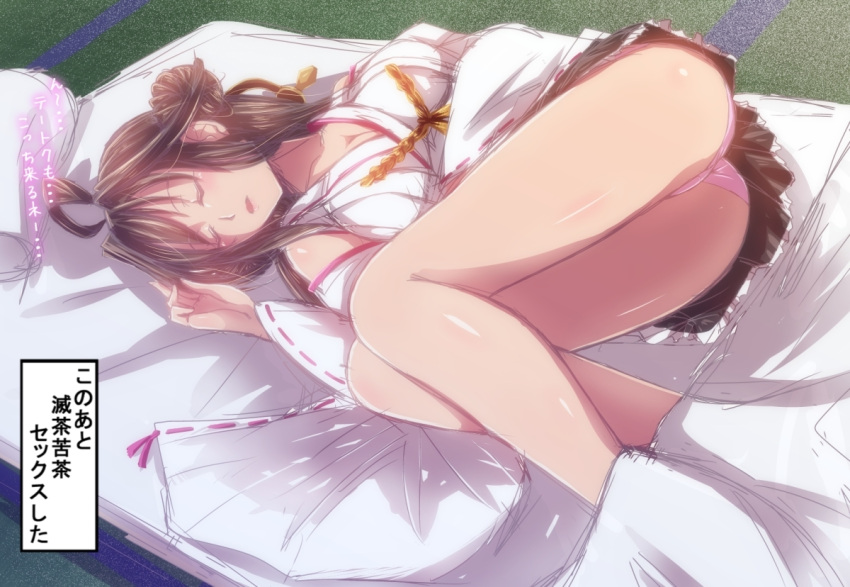 1girl, ahoge, ass, bare_shoulders, boots, brown_hair, detached_sleeves, double_bun