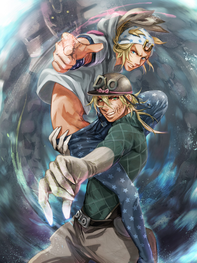 2boys, blonde_hair, blue_eyes, claws, diego_brando, gloves, hat, johnny_joestar
