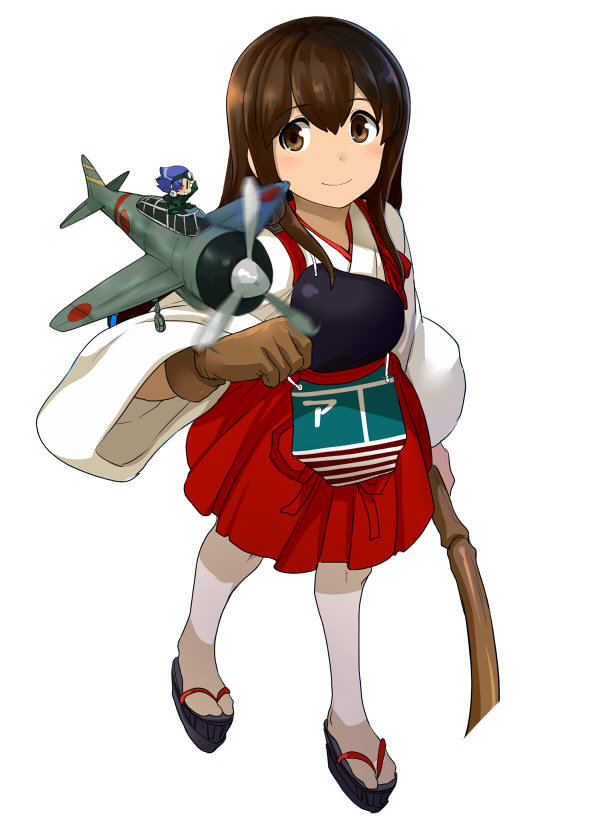 1girl, airplane, akagi_(kantai_collection), blush, bow_(weapon), brown_hair, fairy_(kantai_collection), japanese_clothes