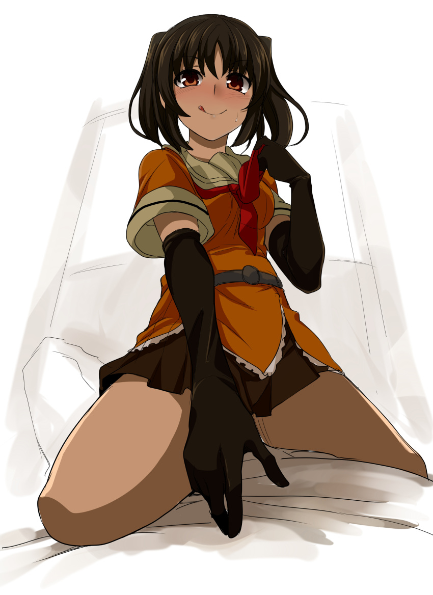 1boy, 1girl, :p, absurdres, blush, brown_eyes, brown_hair, elbow_gloves