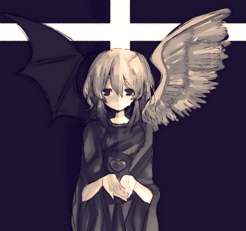 angel, angel_and_devil, bakura_ryou, change_of_heart, demon, devil, monochrome, pink