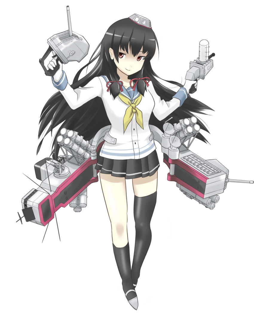 1girl, alternate_weapon, asymmetrical_legwear, black_hair, blush, boukoku_no_aegis, brown_eyes, cannon