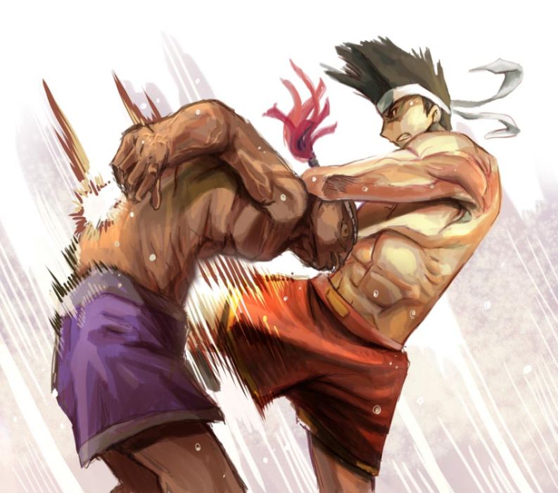2boys, abs, bald, battle, black_hair, dark_skin, headband, hwa_jai