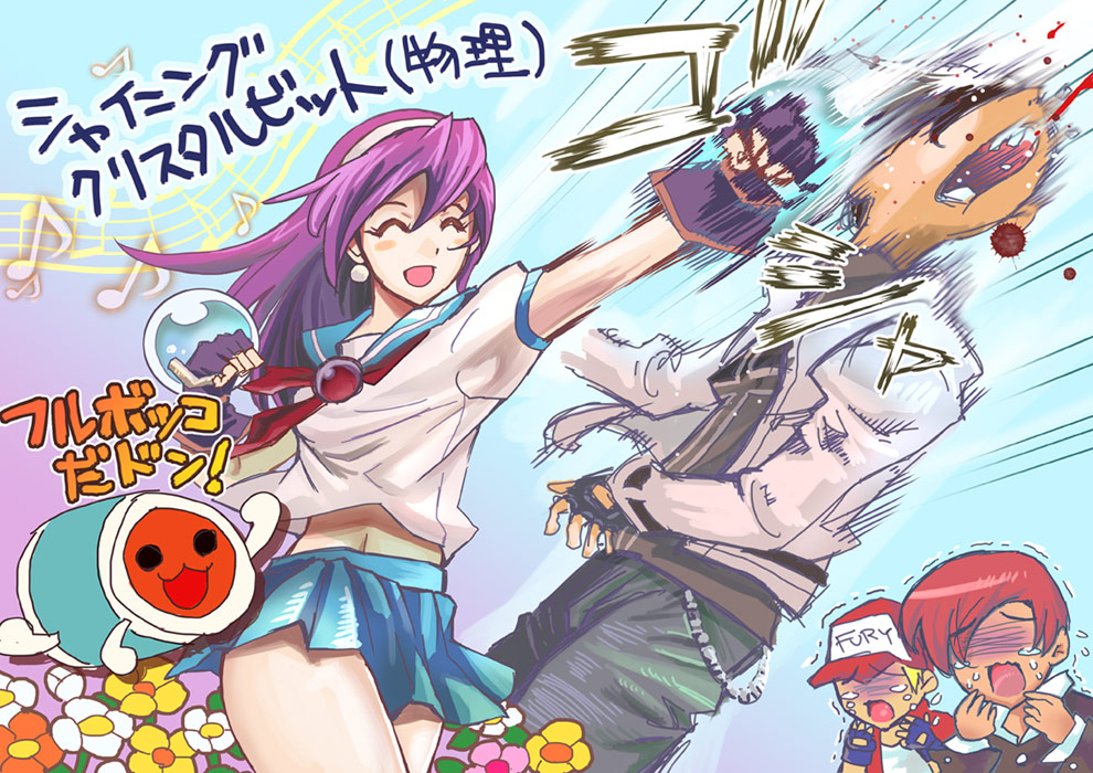 1girl, 3boys, :3, :d, ^_^, asamiya_athena, bangs, baseball_cap