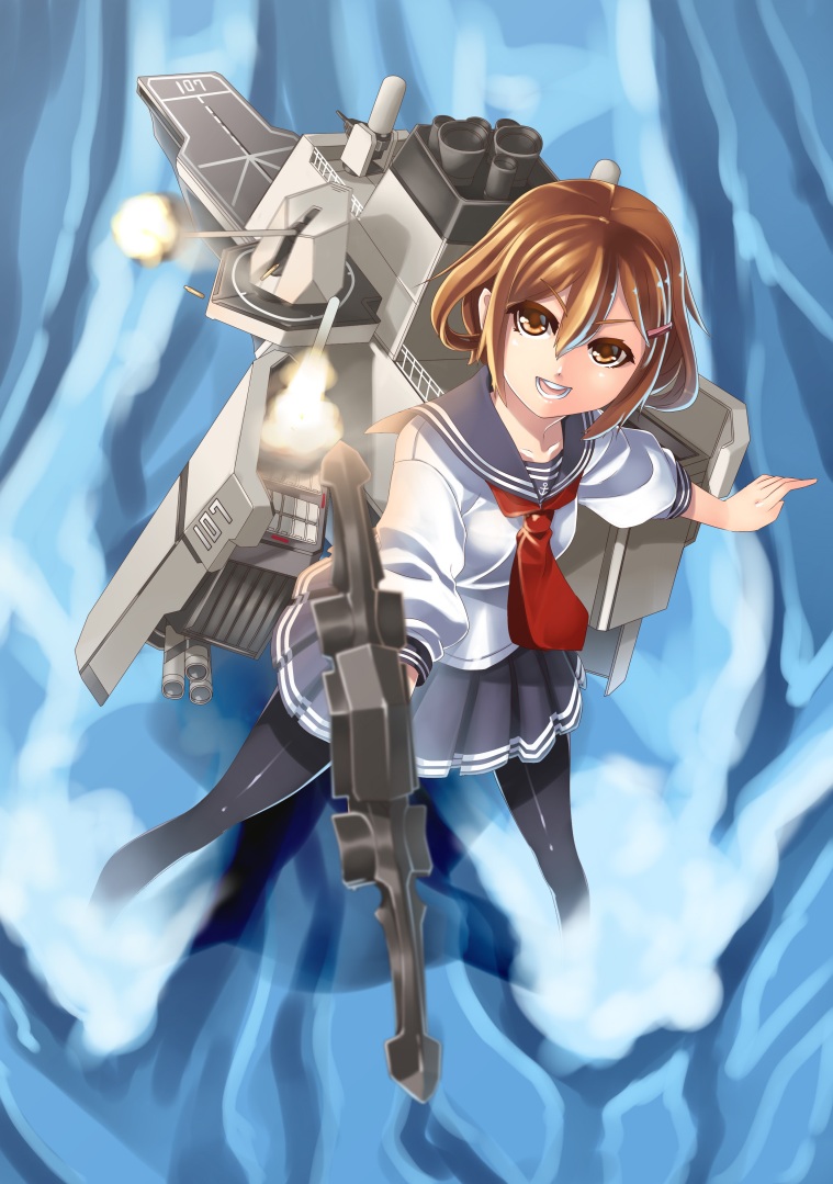 1girl, alternate_weapon, anchor, boukoku_no_aegis, brown_eyes, brown_hair, cannon, firing