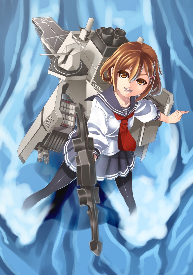 1girl, alternate_weapon, anchor, boukoku_no_aegis, brown_eyes, brown_hair, cannon, flight_deck
