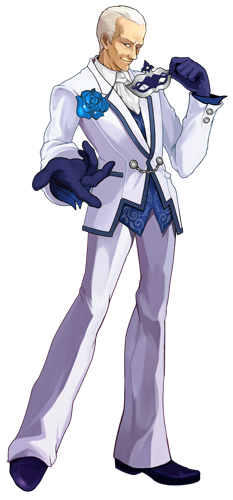 1boy, alternate_costume, blue_rose, flower, formal, gloves, king_of_fighters, leon_(s-damianvencedor), lowres, mask, mask_removed, oswald_(kof), outstretched_hand, rose, solo, suit, white_hair