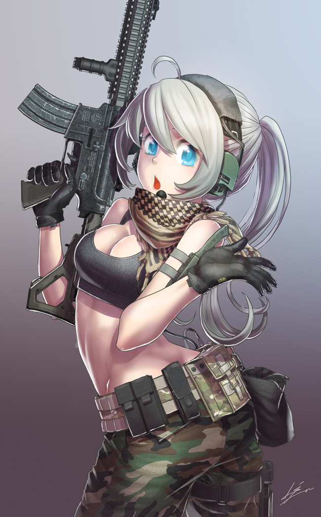 1girl, ahoge, aqua_eyes, ar-15, assault_rifle, breasts, camouflage_pants, cleavage