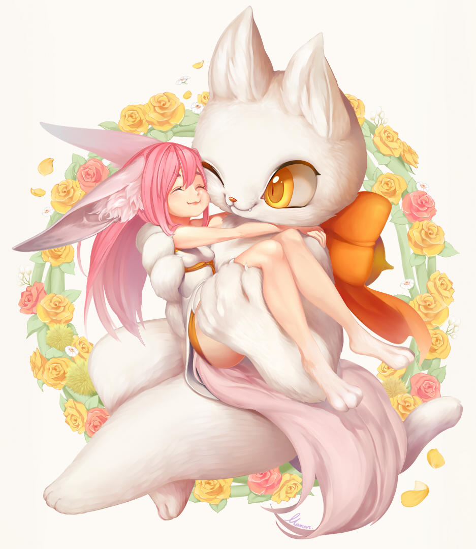 1girl, :3, animal_ears, blade_&amp;_soul, brown_eyes, carrying, cat, cheek-to-cheek