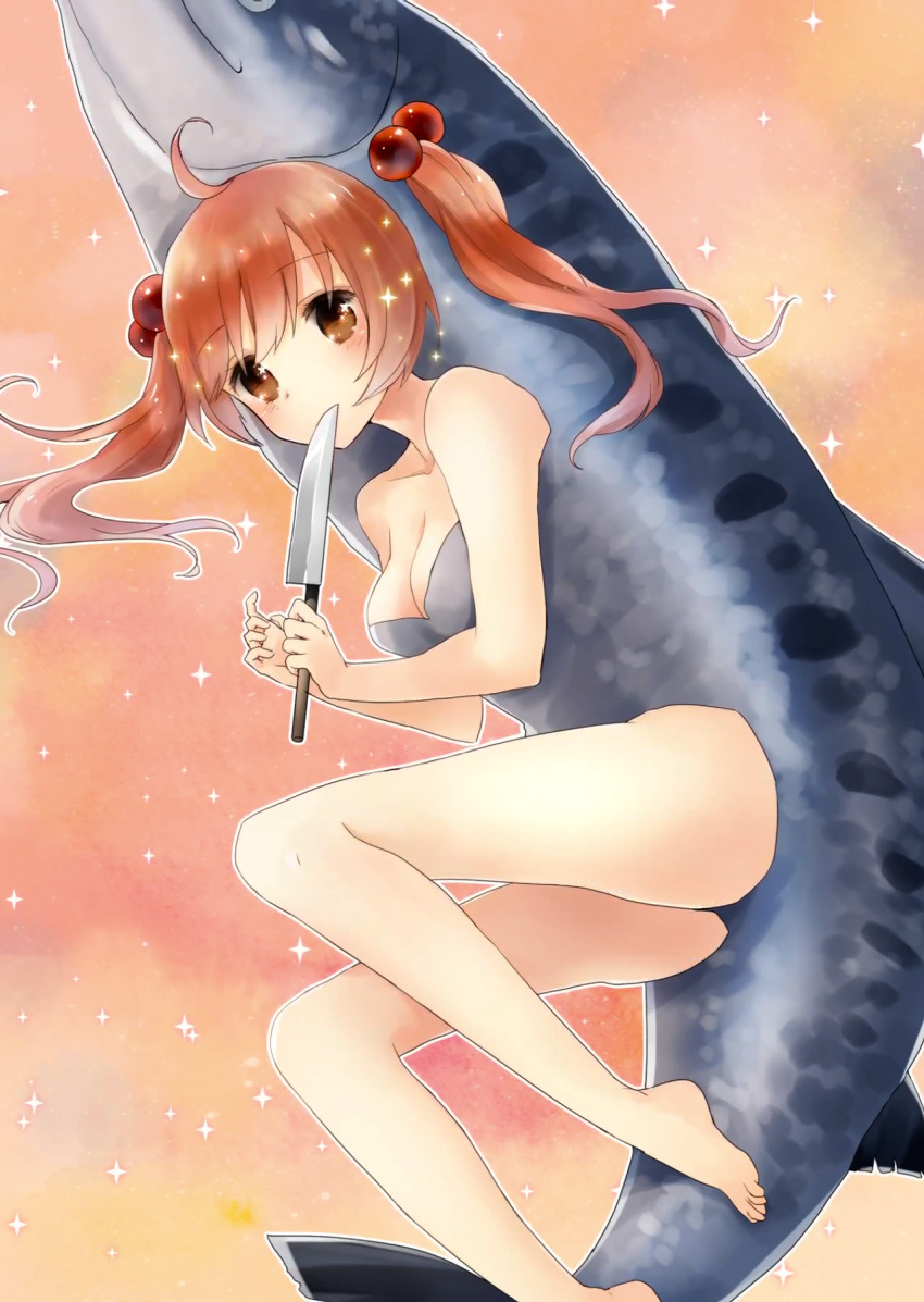 1girl, blush, breasts, brown_eyes, cleavage, fish, hair_bobbles, hair_ornament