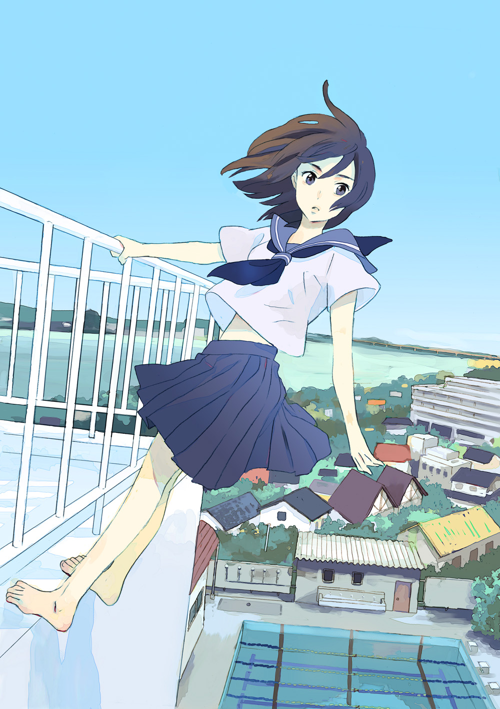 1girl, barefoot, blue_eyes, brown_hair, cityscape, highres, landscape, original, ozaki_kaori, pool, railing, river, school_uniform, serafuku, short_hair, skirt, sky, solo
