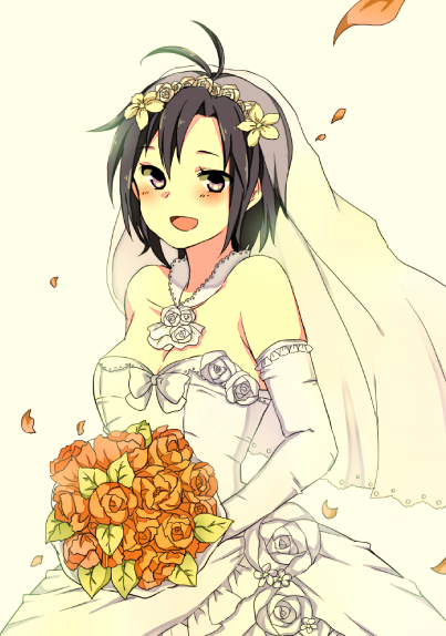 1girl, antenna_hair, black_hair, bouquet, dress, elbow_gloves, flower, gloves, hair_ornament, hairband, idolmaster, karasu_(crow1221), kikuchi_makoto, looking_at_viewer, open_mouth, petals, rose, short_hair, solo, strapless_dress, veil, violet_eyes, wedding, wedding_dress