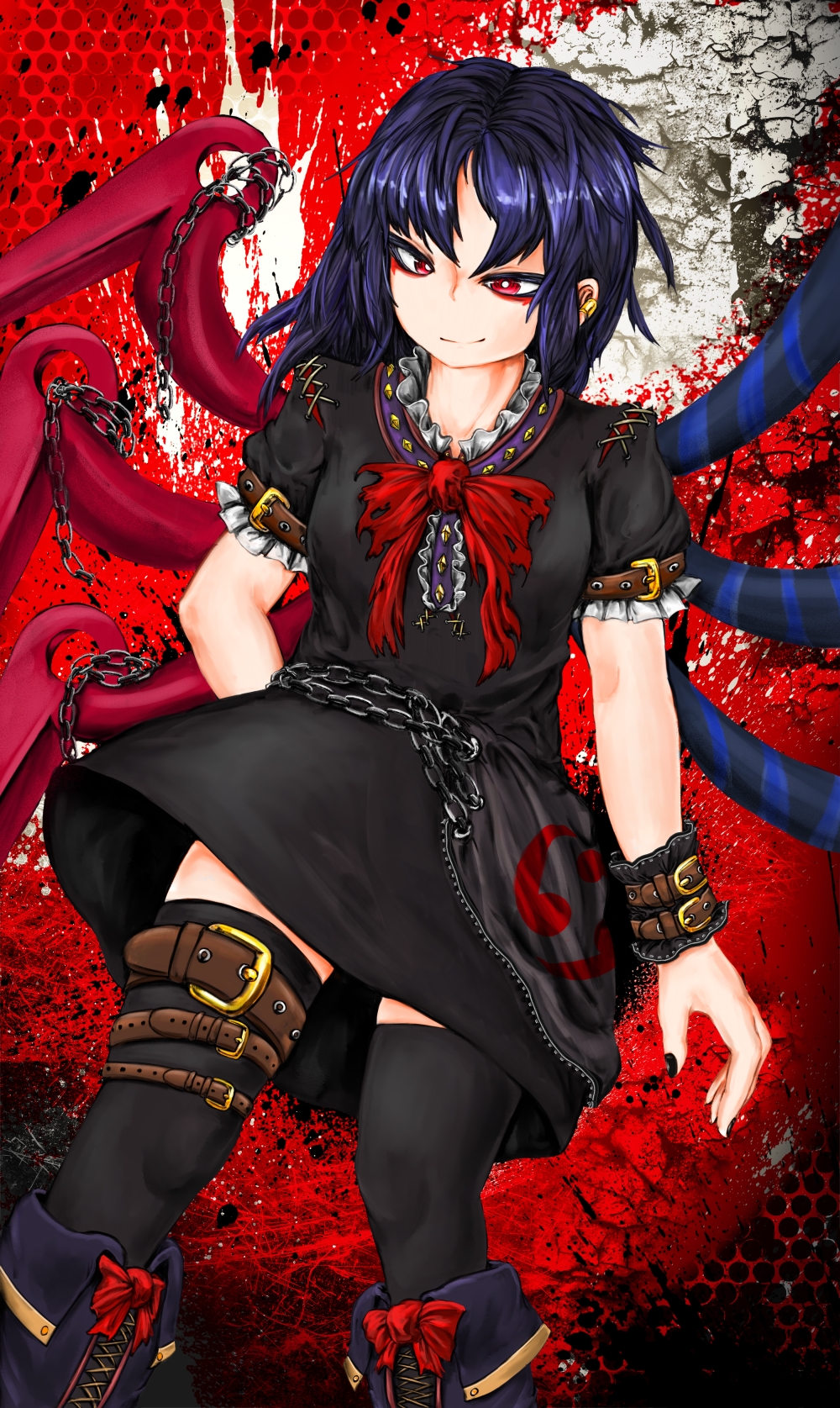 1girl, asymmetrical_wings, black_hair, boots, bowtie, chain, dress, embellished_costume