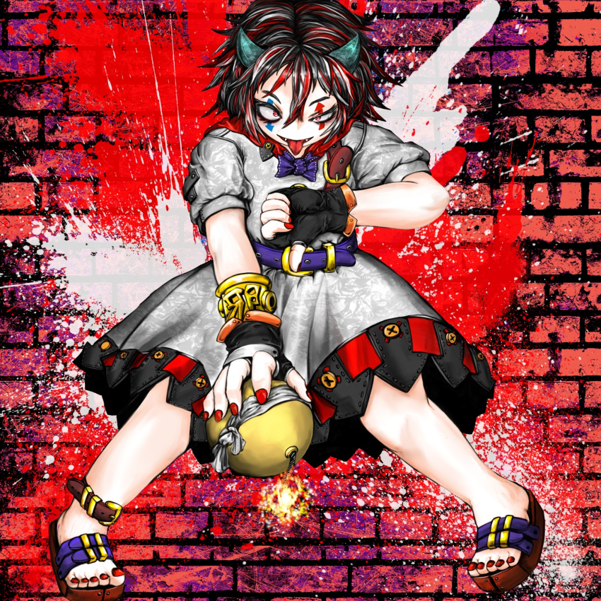1girl, :d, belt, bomb, bracelet, brick_wall, directional_arrow, dress