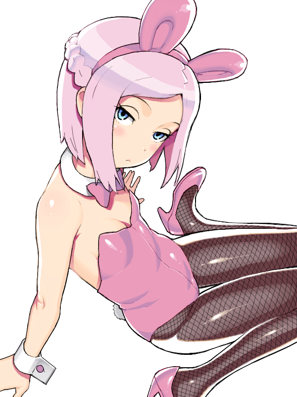 blue_eyes, blush, bunny_ears, bunnysuit, fishnet_pantyhose, fishnets, flat_chest, hidiri_rei, hijiri_rei, oozora_momo, otenki_studio, pantyhose, pink_hair, rabbit_ears, short_hair, tail, taupe_pantyhose