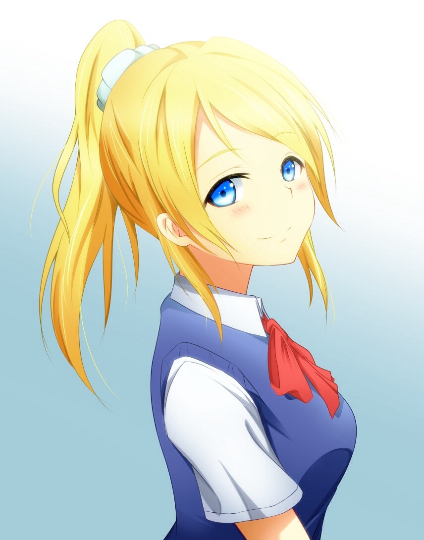 1girl, ayase_eli, blonde_hair, blue_eyes, bow, bust, gradient, gradient_background