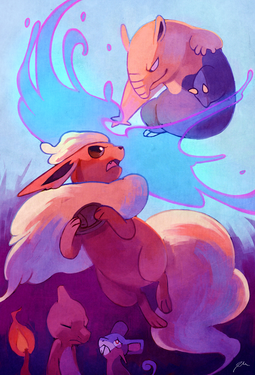 artist_request, black_eyes, brown_eyes, charmeleon, closed_eyes, dome_fossil, drowzee, fang, flame, flareon, highres, no_humans, pokemon, pokemon_(creature), pokemon_(game), pokemon_rgby, rattata, red_eyes, shadow, source_request, twitch_plays_pokemon