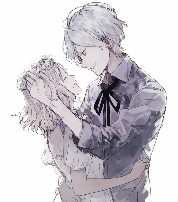 1boy, 1girl, blonde_hair, closed_eyes, couple, diabolik_lovers, head_wreath, hetero