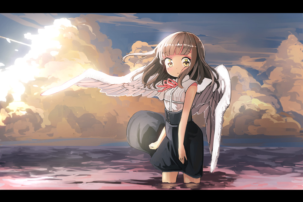 1girl, brown_eyes, brown_hair, clouds, cloudy_sky, feathered_wings, kinokoko-kino, looking_at_viewer, ocean, original, sky, solo, tagme, white_wings, wind, wings