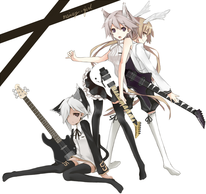 3girls, animal_ears, back-to-back, back_to_back, bad_id, bare_shoulders, bass_guitar, black_legwear