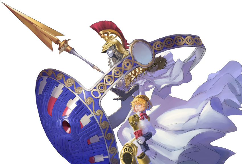 1girl, aegis, aegis_(persona), android, armband, athena_(megami_tensei), blonde_hair, blue_eyes