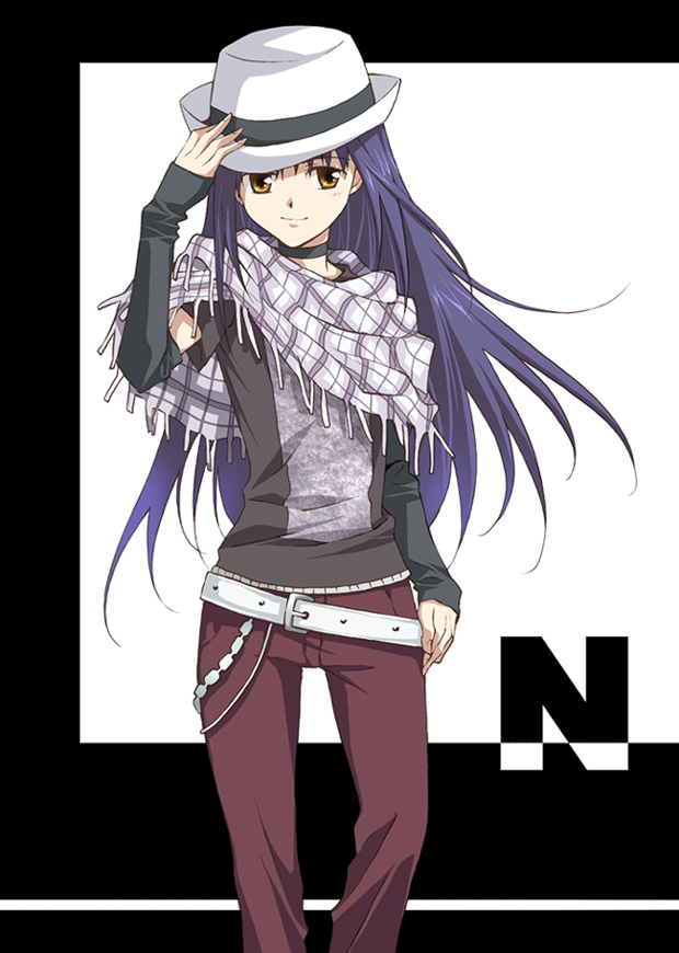 androgynous, fedora, fedora_hat, fujisaki_nagihiko, hand_on_hat, hat, long_hair, purple_hair, scarf, shugo_chara!, yellow_eyes