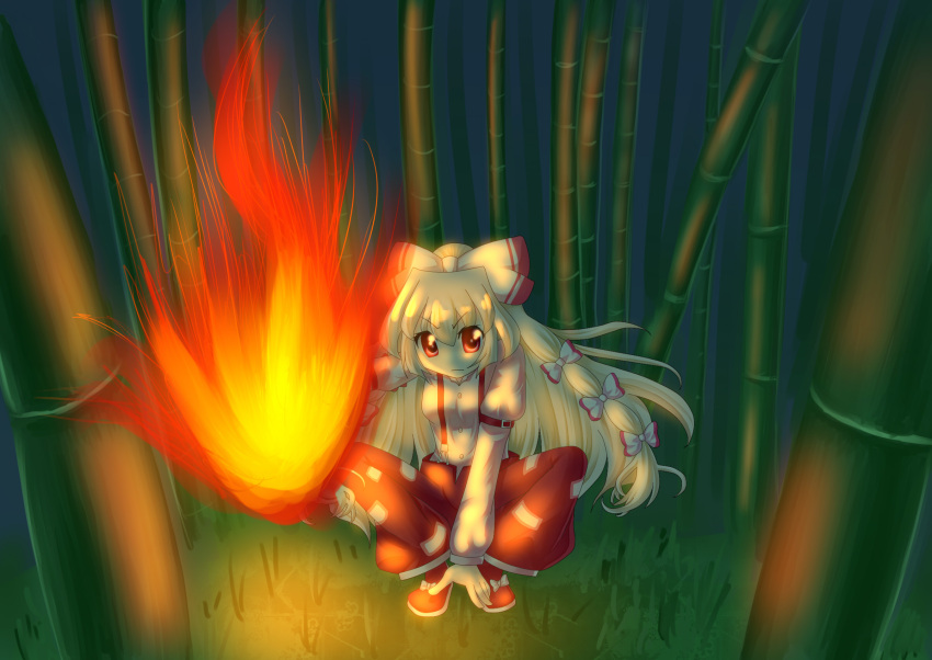 bamboo_forest, bow, fire, flame, forest, fujiwara_no_mokou, hair_bow, hair_ribbon