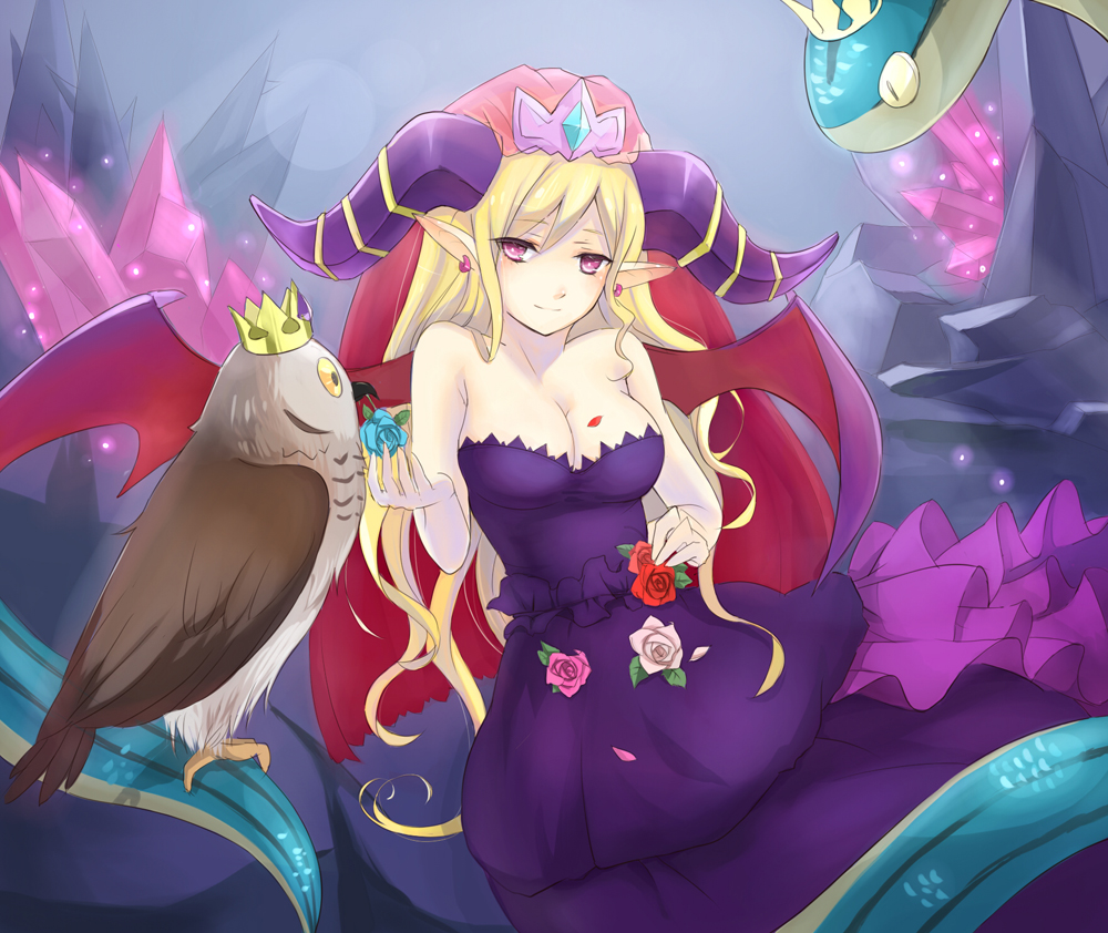 1girl, animal, bare_shoulders, bird, blonde_hair, blush, breasts, cleavage, crystal, demon_girl, demon_horns, dress, earrings, flower, hgshhcrc, horns, jewelry, leaf, lilith_(p&amp;d), long_hair, owl, pink_eyes, pink_rose, pointy_ears, purple_dress, puzzle_&amp;_dragons, red_rose, rose, smile, snake, solo, tiara, very_long_hair