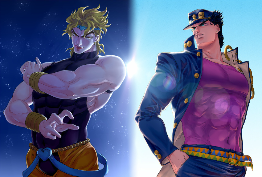 2boys, black_hair, blonde_hair, dio_brando, gakuran, hat, highres, jojo_no_kimyou_na_bouken