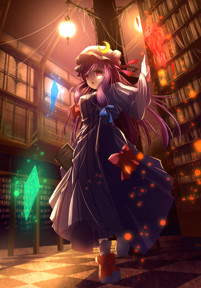 1girl, book, bookshelf, bow, breasts, capelet, coat, crescent