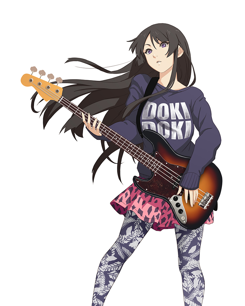 1girl, akiyama_mio, bass_guitar, black_hair, instrument, k-on!, left-handed, long_hair