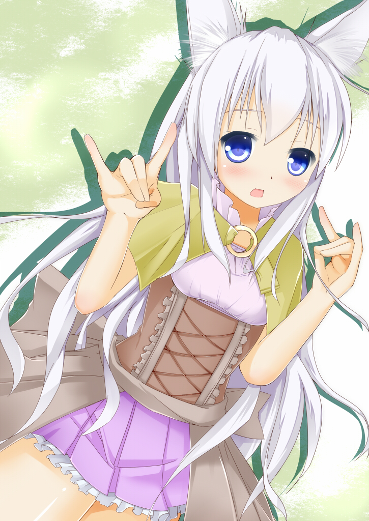 1girl, \m/, animal_ears, blue_eyes, capelet, double_\m/, fox_ears, long_hair, looking_at_viewer, open_mouth, original, peeyu, silver_hair, solo, tagme