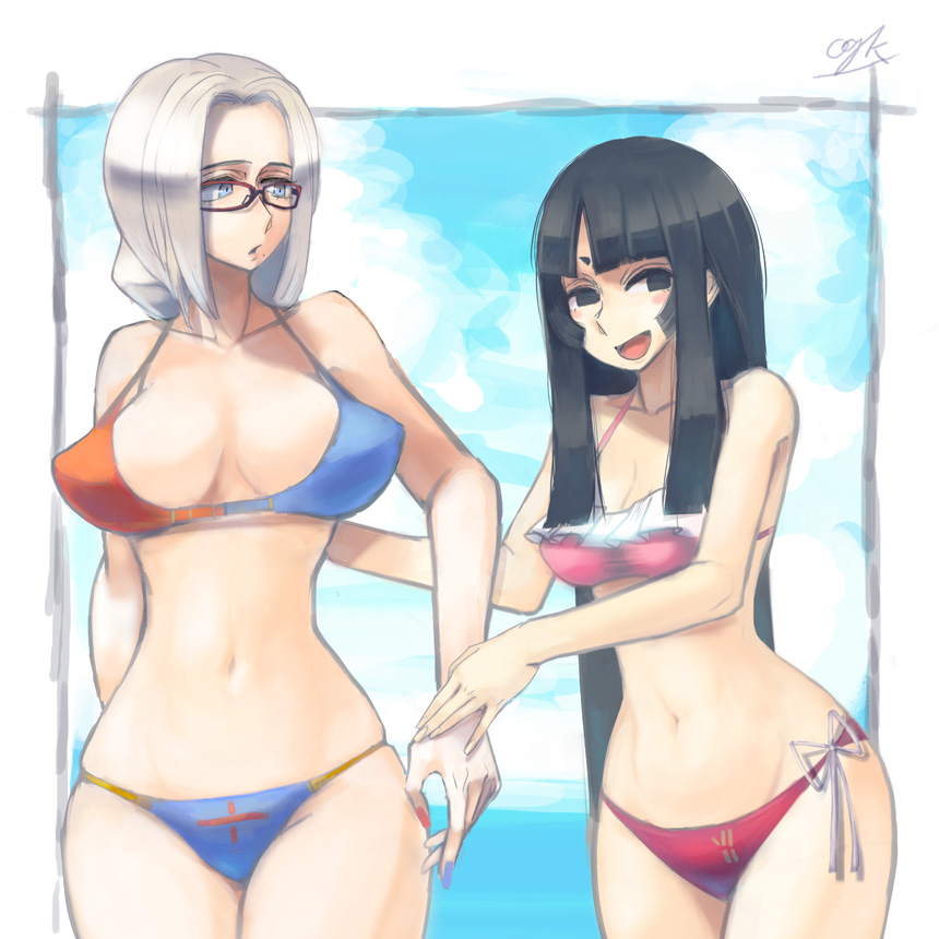 2girls, artist_name, bangs, bespectacled, bikini, black_hair, blue_eyes, blue_sky