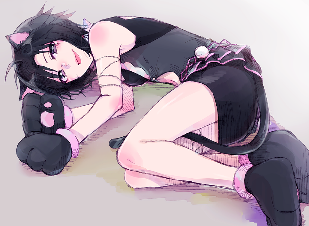 animal_ears, black_eyes, black_hair, cat_paws, gloves, idolmaster, kikuchi_makoto, lying