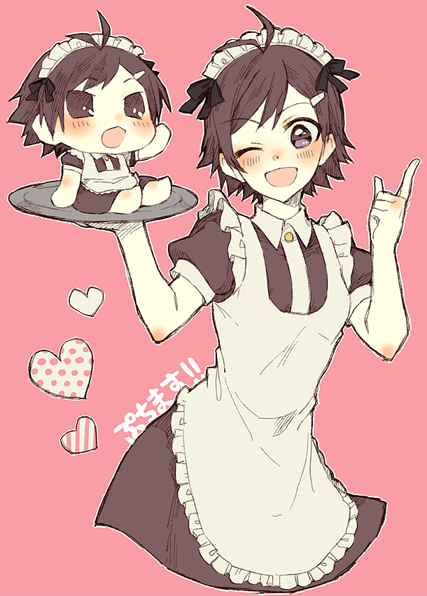 2girls, ahoge, black_eyes, black_hair, blush, dress, hairclip, heart