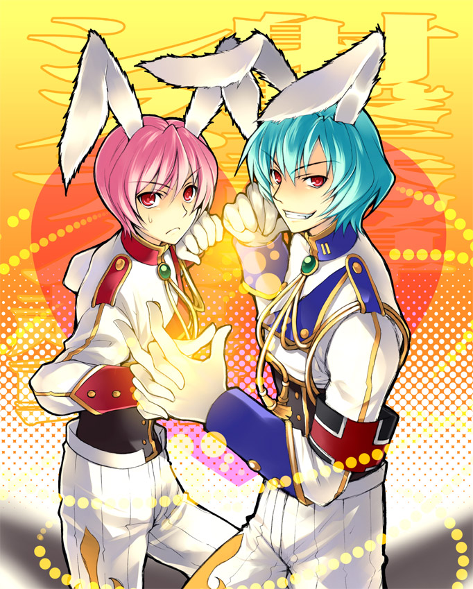 animal_ears, armband, blue_hair, bunny_ears, genderswap, honda_tamanosuke, male, multiple_boys