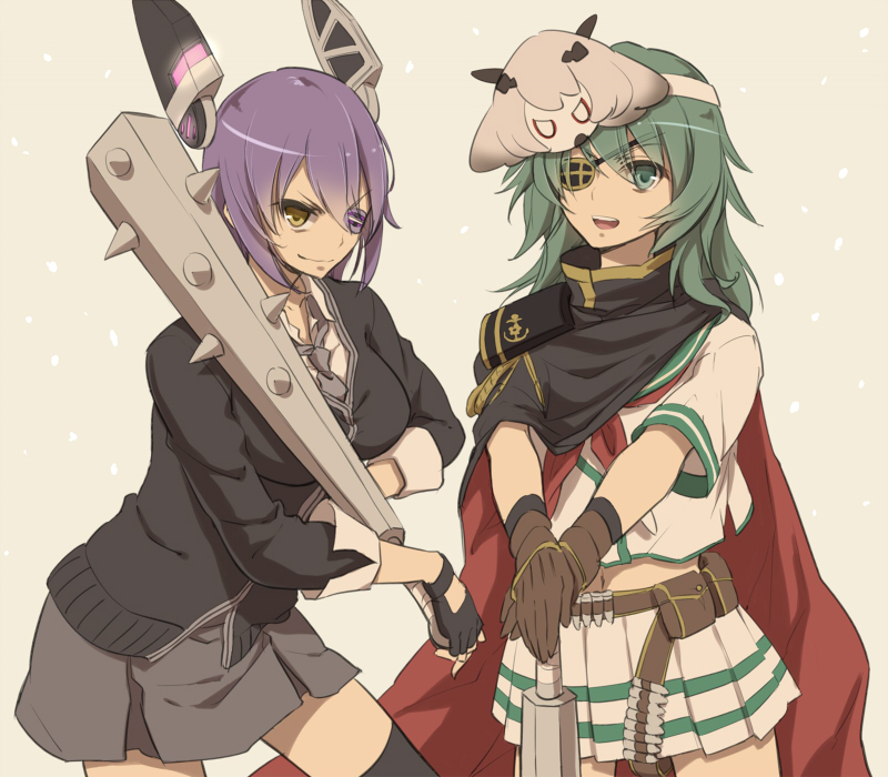 cape, club, eyepatch, gloves, green_eyes, green_hair, kantai_collection, kiso_(kantai_collection)