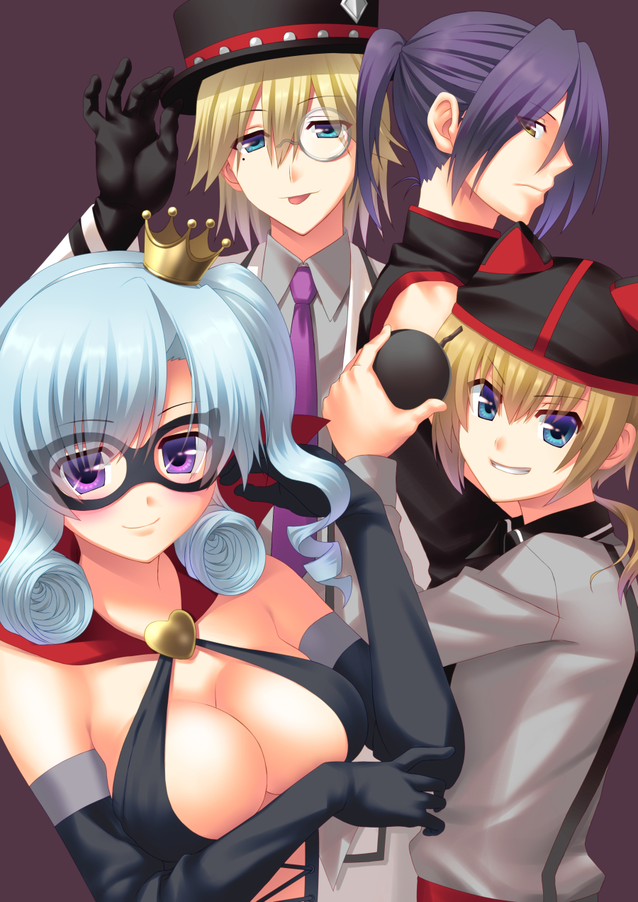1girl, 3boys, :p, arsene, black_gloves, blonde_hair, blue_eyes, blue_hair